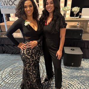 Xscape Black and Cream Long Sleeve Dress